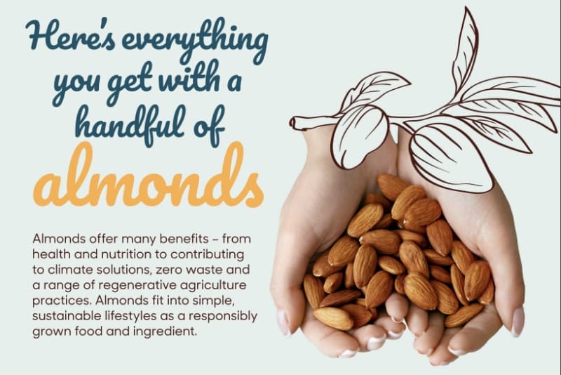 Hands holding almonds with text highlighting their health, sustainability, and environmental benefits.